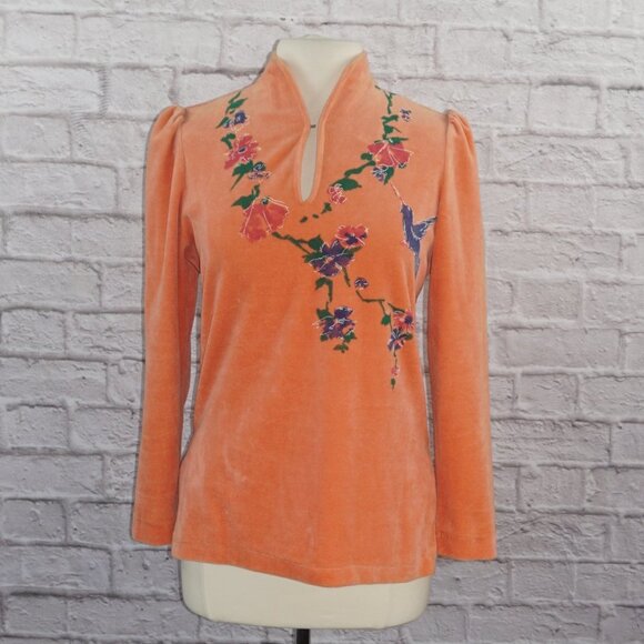 Vintage 60s Orange Velour Floral Hummingbird Top - Picture 1 of 6